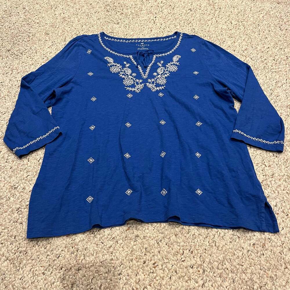 Talbots Embroidered Peasant Blouse XL Petite Blue White Casual Cottagecore